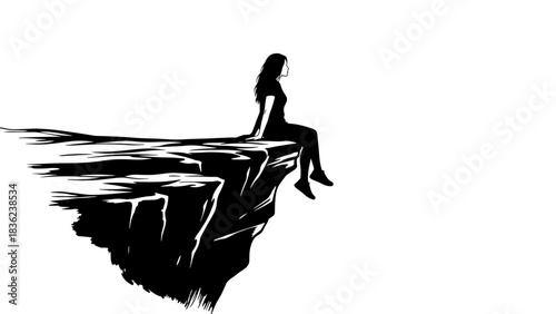 Woman sitting on cliff edge, contemplative moment, serene landscape, introspective solitude, copy space