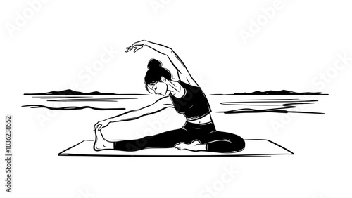 Woman stretching on yoga mat by the sea 