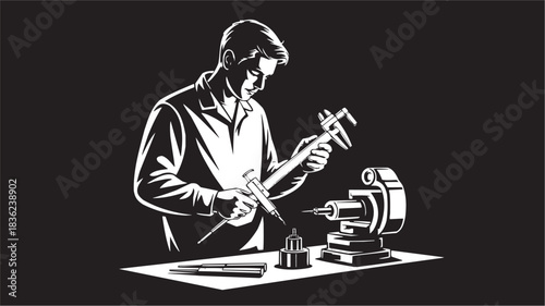 Precision measurement icon set. Vector glyph pictograms of caliper tool, mechanical part, accuracy symbol, engineering mark, technical shape black silhouette