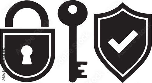 Shield and key protection icon set. Vector glyph pictograms of security shield, lock key, defense symbol, privacy mark, safety element black silhouette