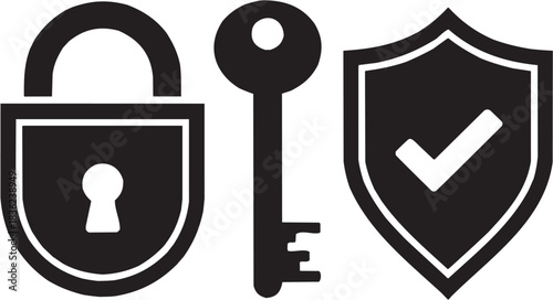 Key and shield security icon set. Vector glyph pictograms of lock key, protective shield, safety symbol, defense mark, secure element black silhouette