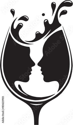 Visual illusion dual-face icon set. Vector glyph pictograms of wine glass, mirrored profiles, abstract design, perception trick, artistic shape, contrast symbol black silhouette