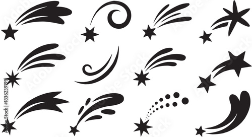 Swirling comet icon set. Vector glyph pictograms of spiral star, cosmic motion, space symbol, celestial swirl, orbit mark black silhouette