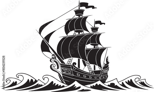 Historic sailing ship icon set. Vector glyph pictograms of multi-mast vessel, ocean travel, maritime symbol, nautical journey black silhouette