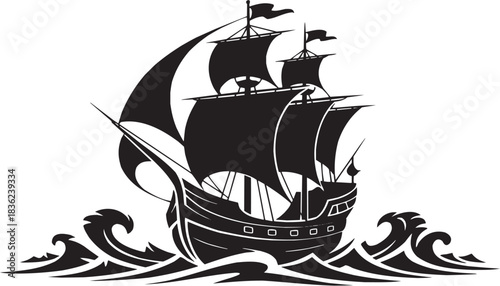 Sailing ship icon set. Vector glyph pictograms of boat, sails, maritime symbol, sea travel, nautical vessel black silhouette