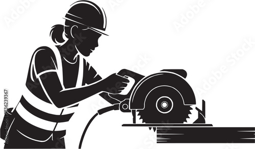 Construction cutting icon set. Vector glyph pictograms of circular saw, worker, tool, building task, mechanical action black silhouette