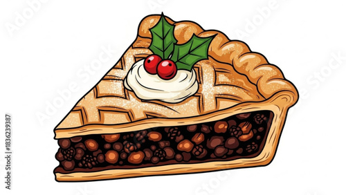 Delicious christmas mince pie recipe illustration with holly and cream topping for holiday baking ideas