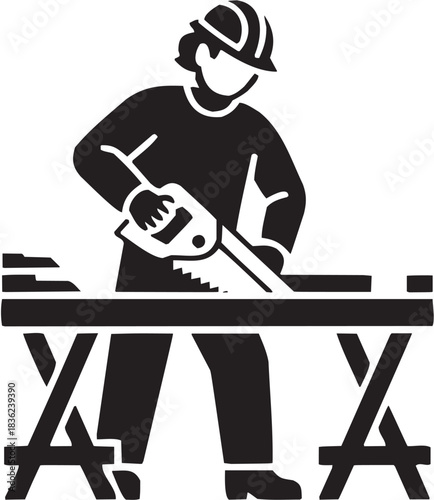 Construction and carpentry icon set. Vector glyph pictograms of power drill, wood, tool, worker, building task, mechanical action black silhouette