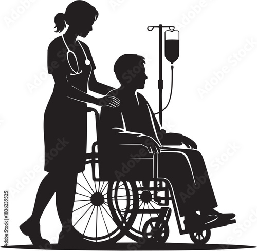 Healthcare and assistance icon set. Vector glyph pictograms of nurse, patient, wheelchair, IV drip, medical care, support action black silhouette
