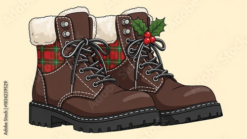 Winter boots with plaid and fur trim and christmas holly berry decoration fashion footwear apparel style 100
