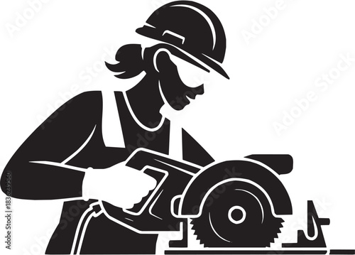 Construction and cutting icon set. Vector glyph pictograms of worker, circular saw, tool, building task, mechanical action black silhouette