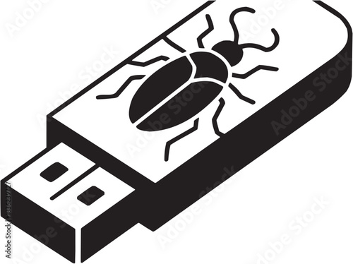 Malware USB icon set. Vector glyph pictograms of flash drive, bug symbol, computer virus, tech threat, digital infection black silhouette