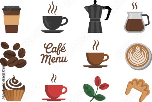 Collection of delicious coffee and pastry icons for cafe and breakfast menus