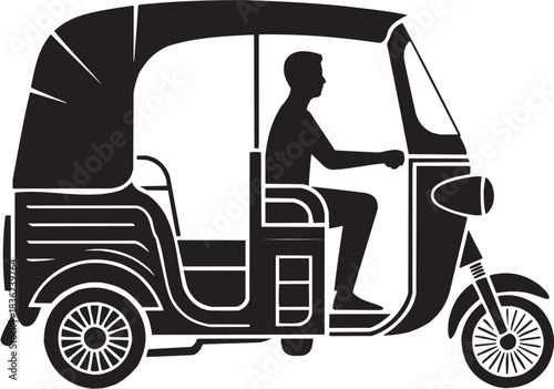 Tuk-tuk transport icon set. Vector glyph pictograms of person, auto rickshaw, three-wheeled vehicle, street ride, urban motion black silhouette