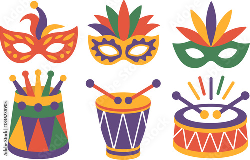 Vibrant Mardi Gras symbols with colorful masks and drums for festive celebration
