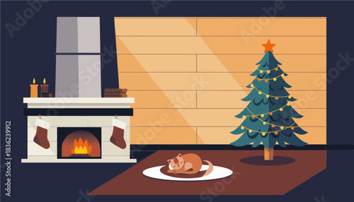 Cozy Christmas Living Room Interior Vector Style Illustration with Fireplace