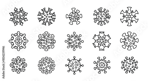 Set of fifteen coronavirus or virus particle icons drawn in simple black outline style