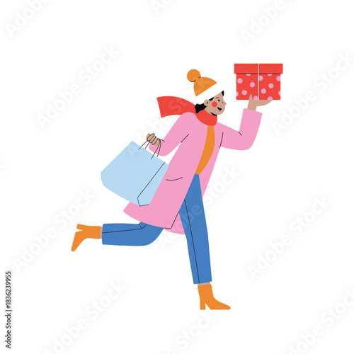 Woman running with gifts and shopping bag.