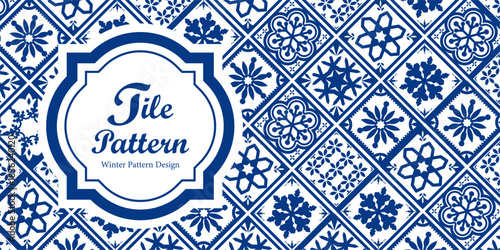 ネイビーブルーの雪の結晶タイルパターン見出しテンプレート 冬のデザイン素材 | ベクター素材 バナー カード コピースペース