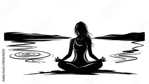 Silhouette of a woman meditating by the water, creating a serene and peaceful atmosphere