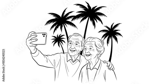 Elderly couple taking a joyful selfie together with palm trees in the background