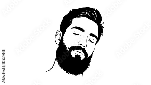 Stylized portrait of a young man with a beard and closed eyes in black and white
