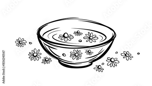 Stylized black and white illustration of a bowl of water with floating flowers