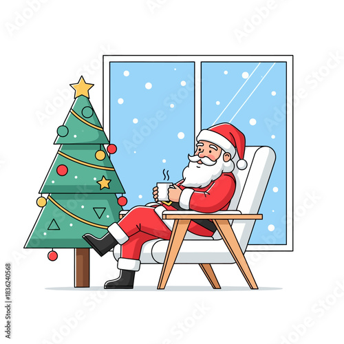 Ilustrasi vektor datar 2D Sinterklas yang santai menikmati cokelat panas di kursi berlengan Skandinavia yang ramping, di sebelah pohon Natal geometris modern dengan latar belakang salju yang lembut.