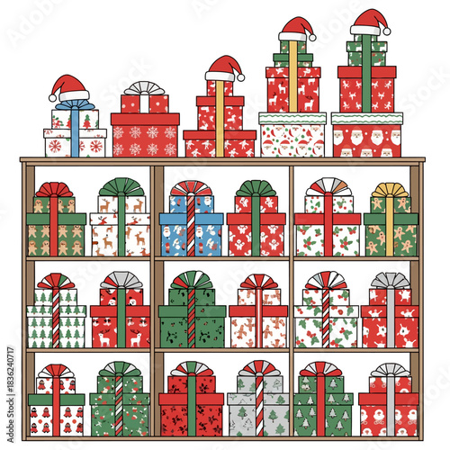 Highly organized flat 2D vector scene depicting a modular shelf unit filled with vibrant, stacked Christmas gift boxes wrapped in various festive patterns and stylized Santa hats.