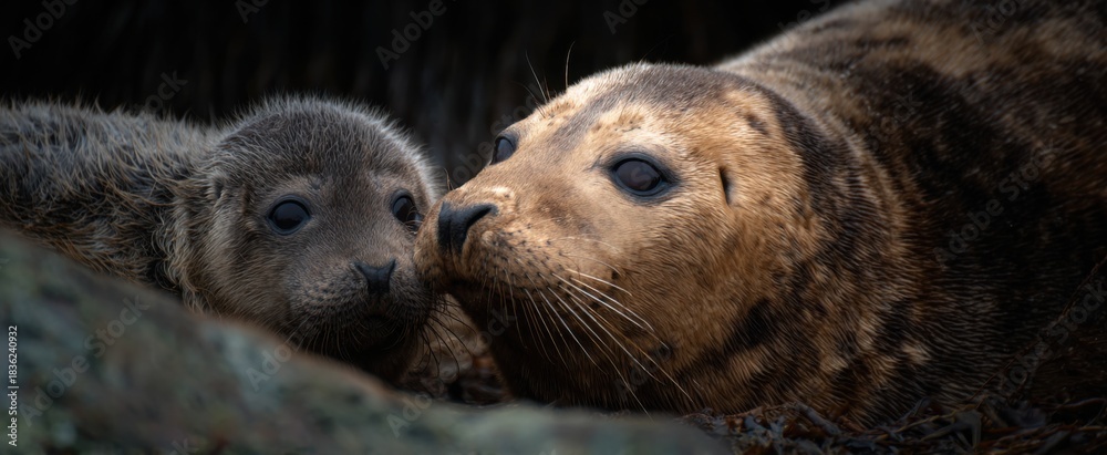 Fototapeta premium The nursing pup sips moonlight milk beside its cozy mother seal.