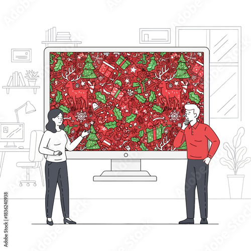 Flat 2D vector scene of a female graphic designer presenting a detailed, seamless Christmas pattern featuring tiny Santa faces and stylized reindeer on a massive screen to a client in a modern office.