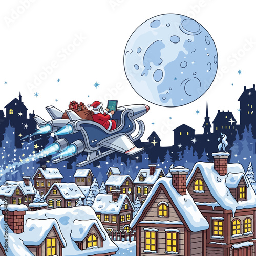 A sleek high-tech Santa sleigh flies over a snowy night skyline delivering gifts, symbolizing modern Christmas magic in a dynamic 2D flat illustration.