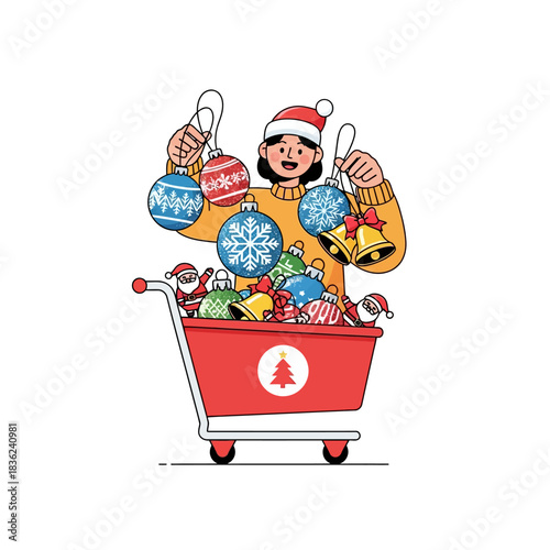 Happy person placing Christmas ornaments and Santa figures into a modern shopping cart, illustrating the joy of seasonal holiday shopping in a flat 2D vector scene.