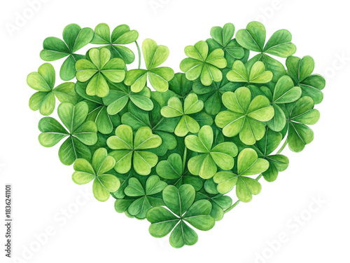 Heart-shaped bouquet of fresh bright green four leaf clovers isolated on transparent background
