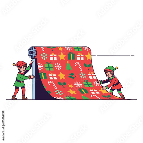 Ilustrasi vektor 2D peri menguji gulungan kain Natal besar dengan pola kepingan salju, tongkat permen, dan kue jahe di ruang kerja putih.