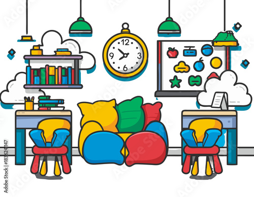 Modern Flat Vector Style Classroom With Colorful Beanbag Chairs Desks Blackboard And Wall Clock Featuring Educational Icons And Books On Shelves