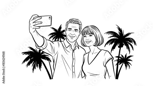 Happy couple taking a selfie together with palm trees in the background in black and white