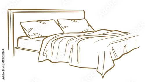 Stylized line art illustration of an unmade bed with pillows and a blanket