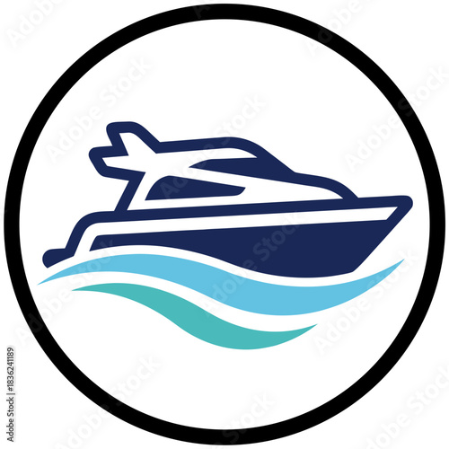 Modern Yacht Sailing On Rippling Blue Waves In A Circle Icon Minimalist Flat Vector Art With Clean Lines And Bold Colors