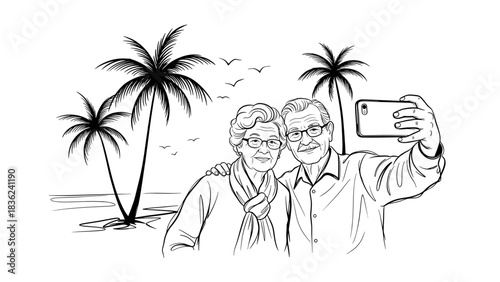 Senior couple taking a selfie together on the beach with palm trees in the background in black and white