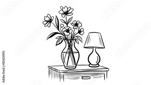 Stylized black and white illustration of a vase with flowers and a lamp on a bedside table