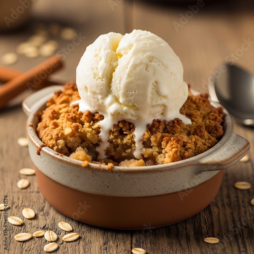 Warm apple crumble dessert with vanilla ice cream scoop, rustic wooden table