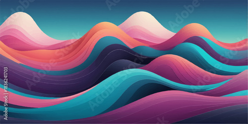 Minimalist blue, orange, and pink wave composition featuring clean layered curves and harmonious gradient transitions throughout.