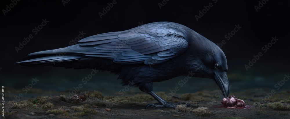 Fototapeta premium The raven scavenges carrion lying on the ground.