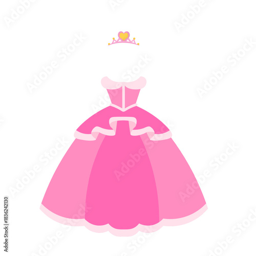 Princess dress and crown. Girls masquerade costume. Elegant pink ball gown with golden royal tiara. Carnival cloth template for photo overlay or design use. Colorful vector illustration