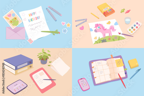 Creative and office desk items top view. Birthday card making, kids painting with watercolor and pencils, office desk with folders and plant, planner with sticky notes. Flat vector illustration