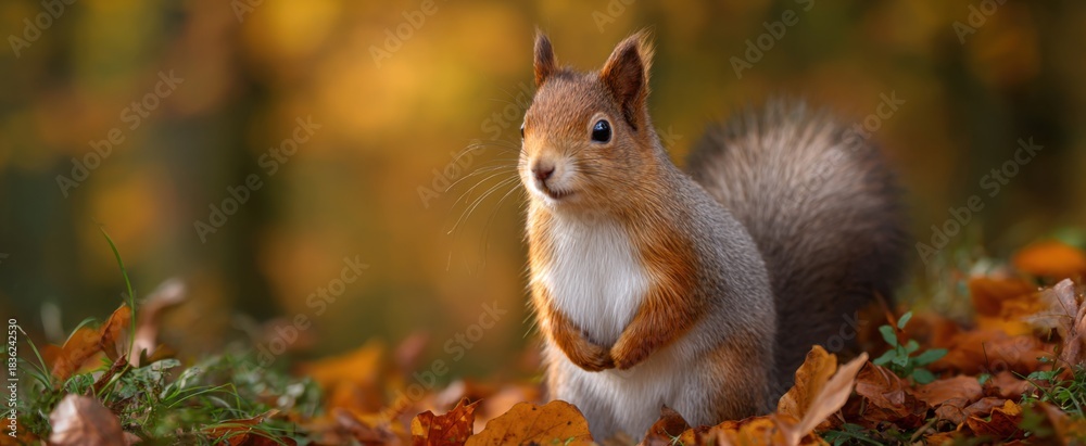 Naklejka premium The squirrel collects acorns in an autumn forest environment.