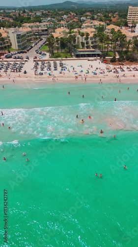 Aerial view of Platja de sa Coma beach in Mallorca, Balearic Islands, Spain.