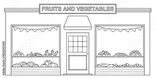 Fruit vegetable store building shop exterior graphic black white sketch isolated illustration vector