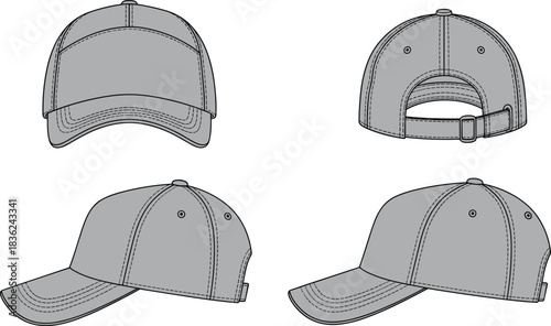 Baseball Cap Silhouette in Four Views – Front, Back, Left, and Right Profile for Fashion, Apparel, and Headwear Design Concepts